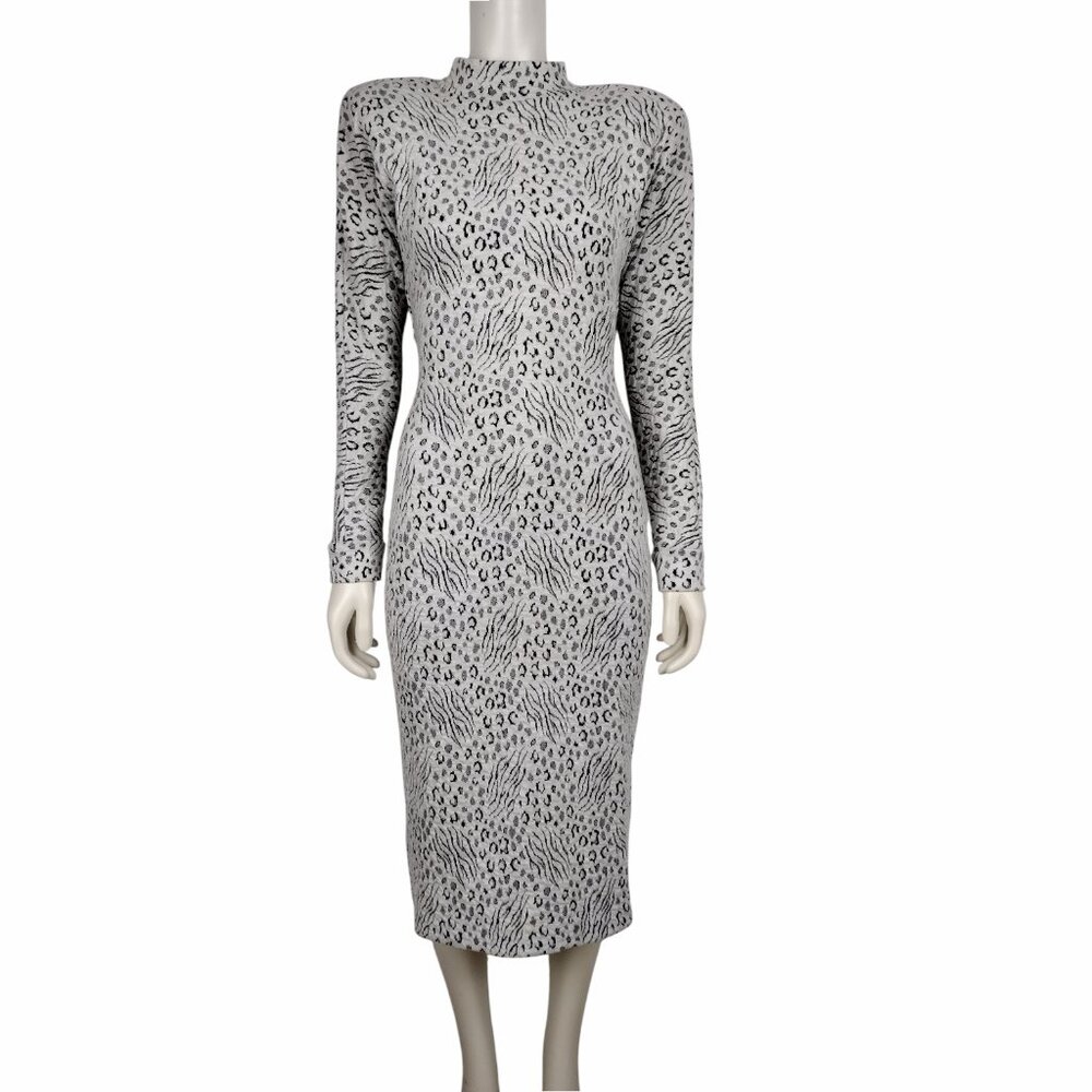 Vintage 1990s Gray and Black Animal Print Open Back Midi Sheath Dress Size XS